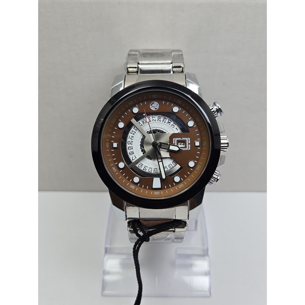 Mens AJ Brown Gear Date Dial Stainless Steel Quartz Industrial Watch New Battery